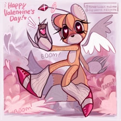 Size: 1600x1600 | Tagged: safe, artist:rinarishhkk, tails doll, oc, oc:tripwire, 2026, alternate universe, angel wings, au:outcome memories, cute, english text, explosion, halo, heart, heart eyes, holding something, leg warmers, looking at viewer, remote controller, sfx, solo, tails dollbetes, text, valentine's day