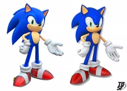 Size: 2047x1465 | Tagged: safe, artist:tbsf-yt, editor:tbsf-yt, sonic the hedgehog, 2026, 3d, edit, hand on hip, looking at viewer, simple background, smile, solo, white background