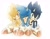 Size: 2048x1590 | Tagged: safe, artist:xiao96146663713, sonic the hedgehog, super sonic, 2026, cute, dark form, dark sonic, eyes closed, frown, lidded eyes, self paradox, signature, simple background, sitting, smile, sonabetes, super form, trio, white background