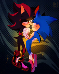 Size: 2000x2500 | Tagged: safe, artist:w1kate, shadow the hedgehog, sonic the hedgehog, 2020, abstract background, duo, gay, holding hands, lidded eyes, looking at each other, shadow x sonic, shipping, smile, sparkles, standing, treads