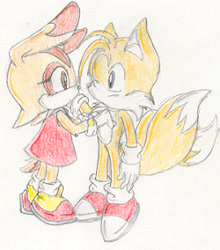 Size: 270x307 | Tagged: safe, artist:sasmetalla2, cream the rabbit, miles "tails" prower, 2003, cream x tails, duo, holding each other, looking at each other, shipping, simple background, sketch, standing, straight, traditional media, white background
