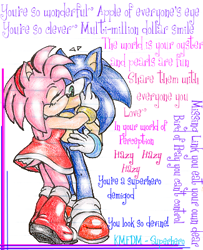 Size: 325x400 | Tagged: safe, artist:sasmetalla2, amy rose, sonic the hedgehog, 2004, age difference, amy x sonic, duo, english text, holding them, kiss, shipping, song lyrics, standing, straight, surprise kiss, surprised, text, traditional media, treads