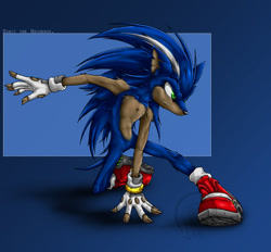 Size: 800x743 | Tagged: safe, artist:swirlything, sonic the hedgehog, 2008, aged up, arm fluff, boots, dark skin, fingerless gloves, frown, gloves, hand on ground, headcanon, looking offscreen, older, posing, solo