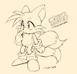 Size: 477x458 | Tagged: safe, artist:j-fujita, miles "tails" prower, 2004, character name, cute, english text, line art, looking offscreen, monochrome, signature, solo, standing, tailabetes, text, traditional media