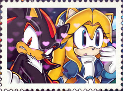 Size: 400x295 | Tagged: safe, artist:sonicknightwind, maria robotnik, shadow the hedgehog, oc, oc:maria the hedgehog, hedgehog, 2018, age difference, duo, heart, maria x shadow, mobianified, shipping, stamp, straight