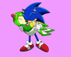 Size: 4000x3200 | Tagged: safe, artist:sonic545478, cosmo the seedrian, sonic the hedgehog, hedgehog, sonic x, 2020, age difference, carrying them, cosmo x sonic, duo, eyes closed, holding each other, purple background, shipping, simple background, sonic x style, straight, style emulation