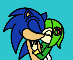 Size: 446x365 | Tagged: safe, artist:soneamlover, cosmo the seedrian, sonic the hedgehog, hedgehog, 2020, age difference, blue background, cosmo x sonic, duo, eyes closed, flat colors, holding each other, kiss, ms paint, shipping, simple background, straight