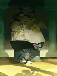 Size: 1526x2048 | Tagged: safe, artist:afajiao, chip, shadow the hedgehog, sonic the hedgehog, 2026, group, lidded eyes, looking at them, sitting, statue, trio