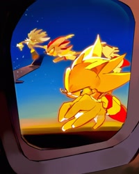 Size: 1638x2048 | Tagged: safe, artist:afajiao, shadow the hedgehog, silver the hedgehog, sonic the hedgehog, super shadow, super sonic, 2026, airplane, flying, looking at viewer, super form, super silver, trio