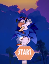 Size: 1560x2048 | Tagged: safe, artist:afajiao, sonic the hedgehog, 2026, clouds, crouching, headphones, nighttime, outdoors, road sign, sign, smile, solo, star (sky), tree