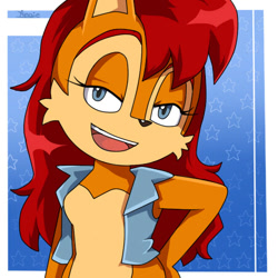 Size: 450x450 | Tagged: safe, artist:angiethecat, sally acorn, chipmunk, 2014, female, long hair, looking at viewer, pose, sally's vest and boots, solo, star (symbol)