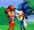 Size: 1819x1612 | Tagged: safe, artist:chloeheartrocks, sally acorn, sonic the hedgehog, chipmunk, hedgehog, 2021, blushing, daytime, duo, facepalm, female, field, looking at them, looking away, looking offscreen, male, outdoors, plant, sally x sonic, sally's vest and boots, shipping, smile, smiling at them, straight, tree