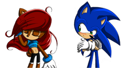 Size: 990x557 | Tagged: safe, artist:xliquidsilverx, sally acorn, sonic the hedgehog, chipmunk, hedgehog, 20143, blank background, blushing, duo, female, long hair, looking at them, male, sally x sonic, sally's ringblader outfit, shipping, standing, straight