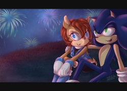 Size: 1200x865 | Tagged: safe, artist:divasaorin, sally acorn, sonic the hedgehog, chipmunk, hedgehog, 2018, duo, female, fireworks, male, nighttime, sally x sonic, sally's ringblader outfit, shipping, sitting, straight