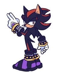 Size: 1035x1369 | Tagged: safe, artist:aleespace-art, shadow the hedgehog, 2026, espio's gloves, espio's shoes, flat colors, lidded eyes, looking at viewer, looking back, looking back at viewer, outfit swap, posing, simple background, smile, solo, white background