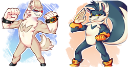 Size: 2271x1206 | Tagged: safe, artist:numypome2, rough the skunk, tumble the skunk, skunk, 2020, duo, flexing, lidded eyes, looking at viewer, outline, red sclera, smile, standing, yellow sclera