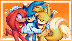 Size: 1518x862 | Tagged: safe, artist:numypome2, knuckles the echidna, miles "tails" prower, sonic the hedgehog, sonic the hedgehog 2 (2022), 2022, cute, ear fluff, eyes closed, group hug, holding hands, hugging, leg fluff, one eye closed, one fang, outline, smile, standing, team sonic, trio