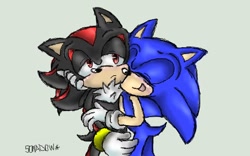 Size: 640x400 | Tagged: safe, artist:patrial, shadow the hedgehog, sonic the hedgehog, 2010, cuddling, cute, duo, frown, gay, grey background, hugging, mouth open, open smile, shadow x sonic, shipping, simple background, smile