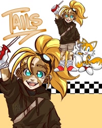 Size: 1080x1350 | Tagged: safe, artist:naylissah, miles "tails" prower, human, character name, eyelashes, goggles, holding something, humanized, looking at viewer, reference inset, screwdriver, smile, solo, species swap, text, vitiligo