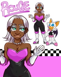 Size: 1080x1350 | Tagged: safe, artist:naylissah, rouge the bat, human, 2023, belly button, bracelet, character name, cleavage, dark skin, eyelashes, eyeshadow, humanized, looking offscreen, necklace, reference inset, ring, smile, solo, species swap, standing, text