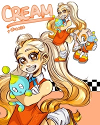 Size: 1080x1350 | Tagged: safe, artist:naylissah, cheese (chao), cream the rabbit, chao, human, 2023, carrying them, character name, duo, eyelashes, eyes closed, holding them, hugging, humanized, leg warmers, looking at viewer, neutral chao, reference inset, smile, species swap, standing, text, vitiligo