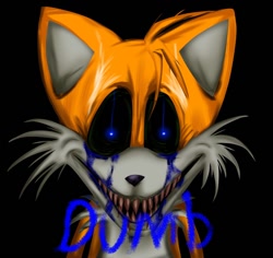 Size: 900x850 | Tagged: safe, artist:mrdumb3456, miles "tails" prower, oc, oc:2012y, oc:tails.exe, 2025, black background, black sclera, bleeding, bleeding from eyes, blood, blue blood, english text, front view, lineless, looking at viewer, nightmare fuel, sharp teeth, simple background, smile, smiling at viewer, solo, text