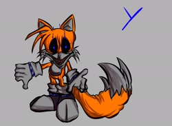 Size: 1908x1395 | Tagged: safe, artist:equidnadesorbo, miles "tails" prower, oc, oc:2012y, oc:tails.exe, 2026, black sclera, black shoes, bleeding, blood, blue blood, grey background, looking at viewer, nightmare fuel, pointing, sharp teeth, simple background, smile, smiling at viewer, solo, thumbs down