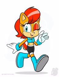Size: 2550x3300 | Tagged: safe, artist:twincubcakes, sally acorn, chipmunk, 2025, female, looking at viewer, sally's ringblader outfit, simple background, solo, walking, watermark, waving, white background, wink