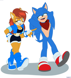 Size: 3070x3374 | Tagged: safe, artist:laryjoy, sally acorn, sonic the hedgehog, chipmunk, hedgehog, 2026, duo, female, hands behind back, male, sally's ringblader outfit, simple background, talking, walking, white background