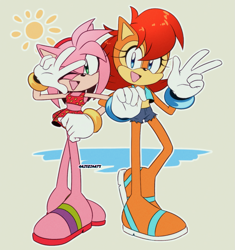 Size: 1311x1392 | Tagged: safe, artist:risziarts, amy rose, sally acorn, chipmunk, hedgehog, 2023, duo, female, looking at viewer, pose, shorts, sun, swimsuit, water