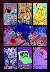 Size: 847x1200 | Tagged: safe, artist:123mines, artist:angelboxkart20, artist:b1uewhirlwind, artist:kc_456, artist:skidtheremix, artist:sonicboon, artist:tiagoma1954, antoine d'coolette, bunnie rabbot, miles "tails" prower, nicole the handheld, nicole the hololynx, rotor walrus, sonic the hedgehog, chipmunk, coyote, fox, hedgehog, lynx, rabbit, walrus, 2025, 4th of july, alternate outfit, american flag, bbq, burger, clothes, drink, english text, female, fireworks, food, freedom fighters, group, holding something, looking at viewer, male, soda, star (symbol)