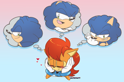 Size: 1496x990 | Tagged: safe, artist:risziarts, sally acorn, sonic the hedgehog, chipmunk, hedgehog, 2023, blushing, dreaming, eyes closed, female, gradient background, heart, male, outline, sally x sonic, sally's ringblader outfit, shipping, smile, solo, straight, thinking, thought bubble, white outline