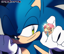Size: 1352x1126 | Tagged: safe, artist:risziarts, sally acorn, sonic the hedgehog, chipmunk, hedgehog, 2026, female, holding something, looking at something, male, sally x sonic, sally's vest and boots, shipping, solo, sparkles, straight