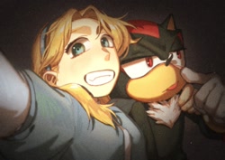 Size: 1200x848 | Tagged: safe, artist:cham__623, maria robotnik, shadow the hedgehog, human, 2024, akanbe, duo, grin, hand on another's shoulder, lidded eyes, looking at viewer, selfie, smile, tongue out