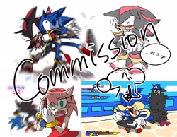Size: 2148x1671 | Tagged: safe, artist:cham__623, amy rose, chip, shadow the hedgehog, sonic the hedgehog, sonic unleashed, 2024, chopsticks, commission, crying, eating, eyes closed, fight, group, headlock, holding something, korean text, looking at viewer, mouth open, simple background, sitting, sketch, speech bubble, standing, white background, windmill isle