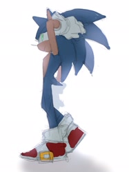 Size: 1535x2048 | Tagged: safe, artist:cham__623, sonic the hedgehog, 2023, hand on own head, simple background, sketch, solo, standing, white background