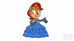 Size: 1920x1080 | Tagged: safe, artist:twincubcakes, sally acorn, chipmunk, 2025, alternate outfit, clothes, crown, dress, female, simple background, sleeveless dress, solo, watermark