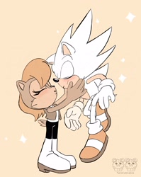 Size: 2550x3200 | Tagged: safe, artist:twincubcakes, sally acorn, sonic the hedgehog, super sonic, chipmunk, hedgehog, 2025, alternate outfit, duo, female, floating, male, sally x sonic, shipping, sparkles, straight, super form, watermark