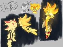 Size: 2000x1500 | Tagged: safe, artist:cham__623, shadow the hedgehog, sonic the hedgehog, super shadow, super sonic, super sonic 2, 2023, arrow, duo, grey background, korean text, lidded eyes, looking at each other, looking at them, looking at viewer, simple background, sketch, sketch page, smile, super form