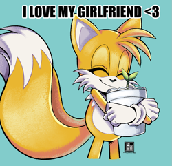 Size: 1097x1059 | Tagged: safe, artist:findourfuture, cosmo the seedrian, miles "tails" prower, caption, cute, english text, eyes closed, holding something, plant, plant pot, shipping, signature, simple background, smile, solo, standing, straight, tailsmo, text, turquoise background