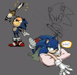 Size: 2070x2000 | Tagged: safe, artist:cham__623, caliburn, sonic the hedgehog, sonic and the black knight, 2022, classic sonic, english text, grey background, head rest, holding something, looking at viewer, lying down, lying on front, mouth open, pillow, simple background, sketch, sketch page, smile, solo, speech bubble, sword