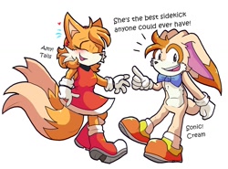 Size: 1584x1170 | Tagged: safe, artist:dapuffster, cream the rabbit, miles "tails" prower, fox, rabbit, alternate universe, blushing, bowtie, dialogue, english text, female, happy, male, pointing, role swap, simple background, white background