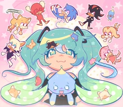 Size: 1323x1147 | Tagged: safe, artist:thooth._.editz, amy rose, cheese (chao), cream the rabbit, knuckles the echidna, miles "tails" prower, rouge the bat, shadow the hedgehog, sonic the hedgehog, bat, chao, echidna, fox, hedgehog, human, rabbit, crossover, cute, female, hatsune miku, male, vocaloid