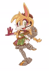 Size: 1423x2048 | Tagged: safe, artist:jadepesky, bunnie rabbot, rabbit, 2026, alternate outfit, clothes, female, fully clothed, hat, microphone, pose, roboticized, simple background, skirt, smile, solo, white background