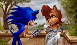 Size: 2048x1185 | Tagged: safe, artist:silly fixie, sally acorn, sonic the hedgehog, chipmunk, hedgehog, sonic and the black knight, 2026, alternate outfit, clothes, daytime, dress, duo, female, male, plant, sally x sonic, shipping, straight, talking, tree