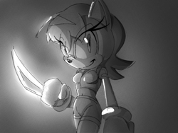 Size: 1600x1200 | Tagged: safe, artist:eltravinjo, sally acorn, chipmunk, 2025, female, fighting pose, greyscale, pose, sally's ringblader outfit, solo