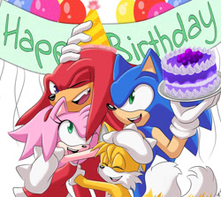Size: 947x844 | Tagged: safe, artist:crystaldiamondc, amy rose, knuckles the echidna, miles "tails" prower, sonic the hedgehog, echidna, fox, hedgehog, 2026, anniversary, balloon, birthday hat, cake, english text, food, happy, holding something, hugging, quartet, smile
