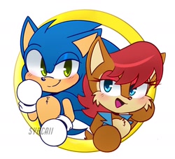 Size: 1958x1780 | Tagged: safe, artist:syrcaii, sally acorn, sonic the hedgehog, chipmunk, hedgehog, 2025, blushing, chibi, duo, female, male, ring, sally x sonic, sally's vest and boots, shipping, smile, straight