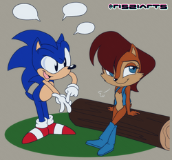 Size: 1454x1351 | Tagged: safe, artist:risziarts, sally acorn, sonic the hedgehog, chipmunk, hedgehog, 2026, duo, female, male, sally x sonic, sally's vest and boots, shipping, sitting, sonic satam, straight, talking