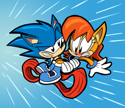 Size: 3026x2627 | Tagged: safe, artist:joeywaggoner, sally acorn, sonic the hedgehog, chipmunk, hedgehog, 2017, carrying them, classic style, duo, female, male, running, sally x sonic, sally's ringblader outfit, shipping, straight